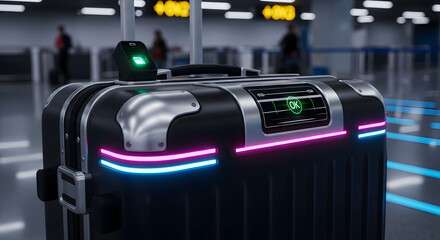 Smart suitcase with a glowing green "OK" status and fingerprint scanner at an airport security gate