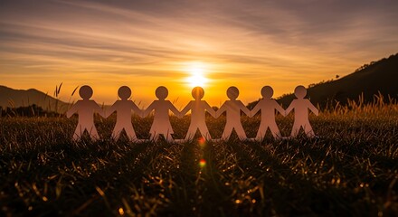 Paper People Holding Hands Against Sunset