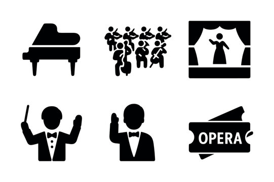 Black and white musical performance icons with orchestra, conductor, pianist, and opera elements