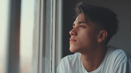 young man with contemplative expression sits by window lost in his thoughts