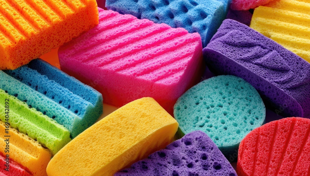 Poster a close-up view of various colorful textured cleaning sponges, showcasing a vibrant array of hues an