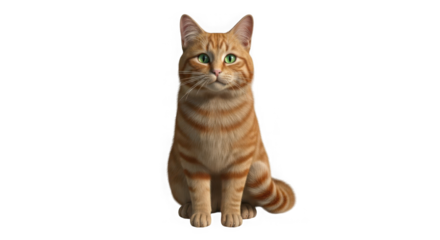 Realistic orange tabby cat sitting attentively with intense gaze and detailed fur texture captured in high-quality digital render transparent background