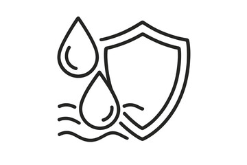 Waterproof icon. Shield protection logo. Water resistant symbol. Liquid proof concept. Hydrophobic surface. Water repellent technology. Safety security defense. Vector line.