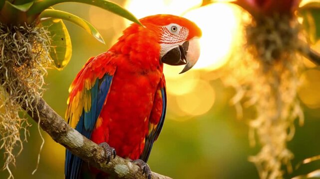 Close-up portrait of a majestic adult Scarlet Macaw (Ara macao cyanoptera) perched on a Gumbo Limbo tree branch in a dense, humid Sian Ka'an Biosphere rainforest, Quintana Roo, Mexico. 