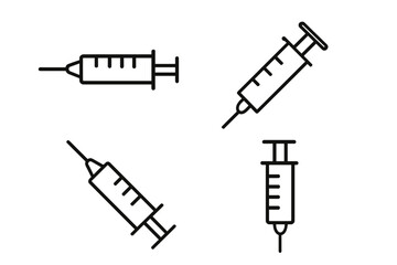 Set of syringe line icons, minimalistic linear medical syringe pictograms, vector injection needle illustrations for web, graphic design, apps, banners, social media, healthcare cards