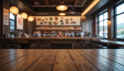 Warm inviting cafe interior with wooden table ready for customers to enjoy coffee and conversation