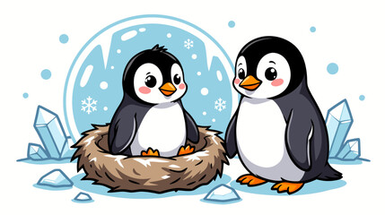 Fototapeta premium Two cartoon penguins in a nest with snowflakes and ice crystals 