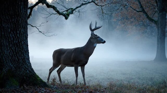 A majestic whitetail buck with impressive antlers standing proudly in a serene, foggy woodland during a misty autumn morning