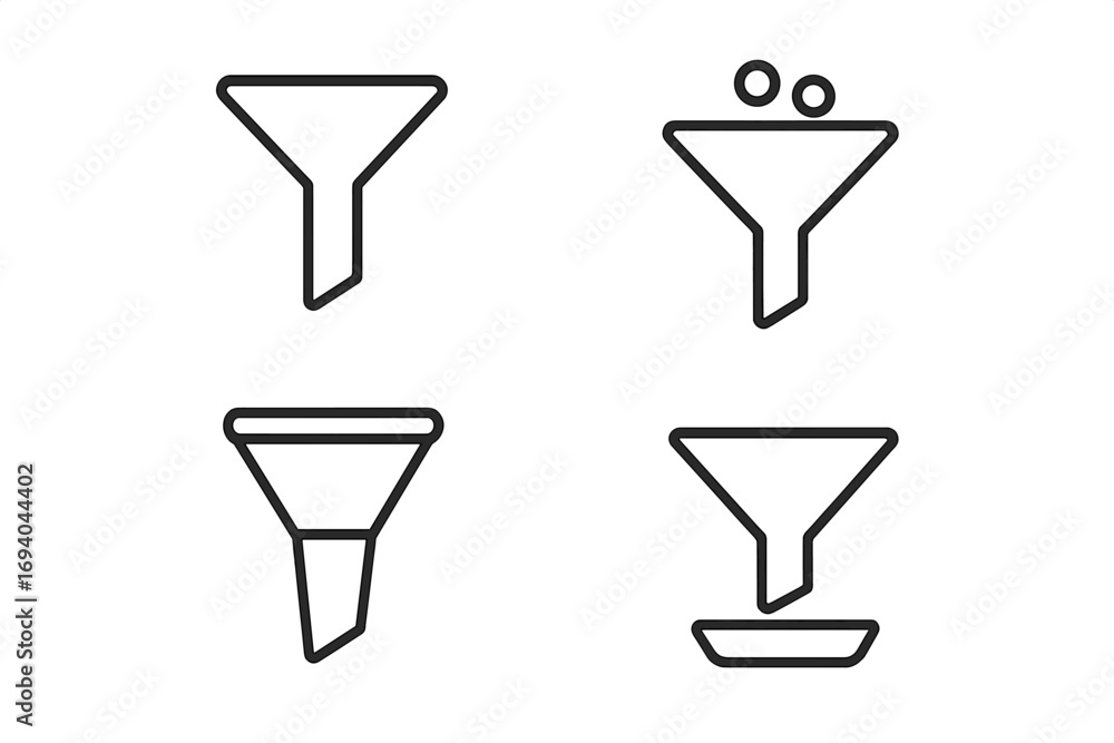 Poster funnel outline icon set. sales funnel for marketing and lead generation. data filtering and conversi