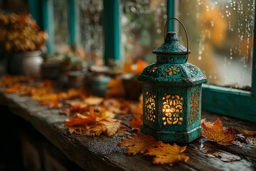 Obraz premium Cozy Autumn Lantern at Windowsill with Fallen Leaves for Seasonal Decor