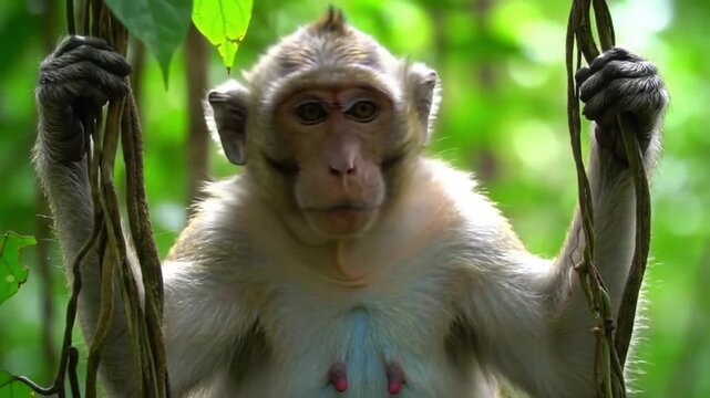 Close-up portrait of a wild female macaque monkey staring directly into the camera while hanging from vines in a lush tropical forest