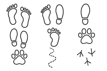 Footprint and tracks line icon set. Human foot steps, shoe prints, animal paw and bird tracks. Path and trail signs for graphic design. Vector outline collection illustration.