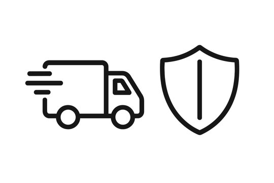 Fast delivery truck with shield protection icon minimalistic thin outline design for web, apps, banners, social media, security and logistics concept illustration vector