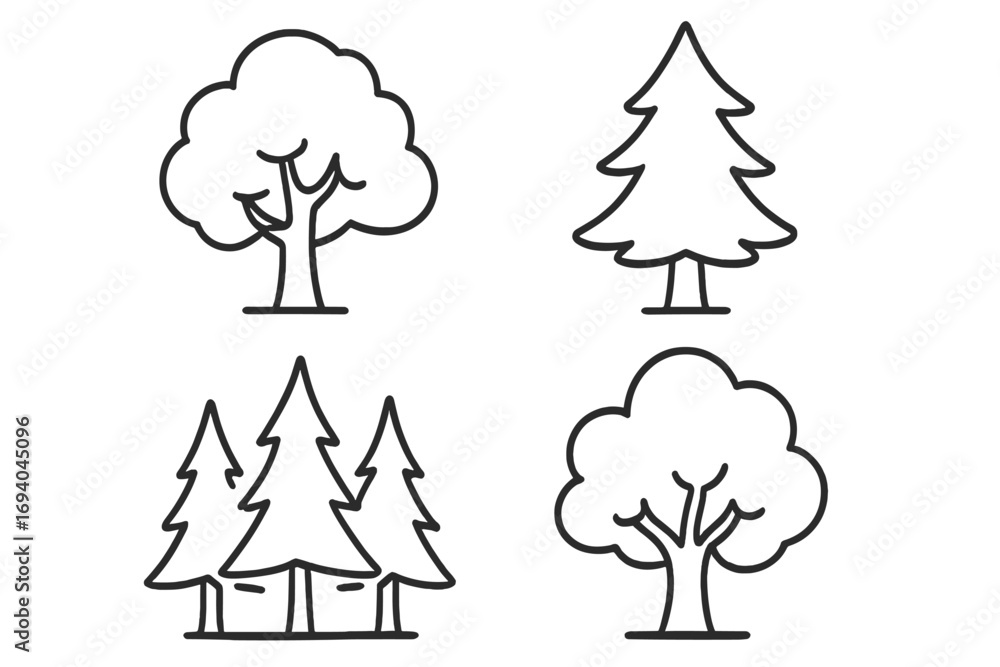 Poster vector cartoon trees and forest set with editable stroke, isolated on transparent background, simple