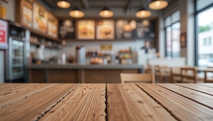 Fototapeta premium Inviting rustic wooden table ready for your delicious food photography in a bright modern cafe