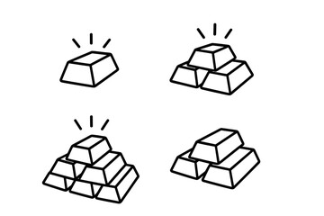 Gold bars outline sign collection, editable stroke vector, shining precious metal ingots stack, wealth and investment concept, cartoon style illustration for infographics and financial designs