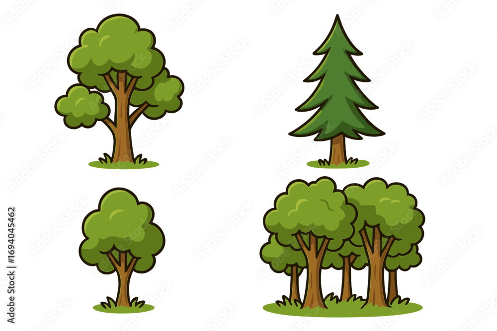 Poster cartoon vector set of isolated trees and forest symbols for websites, books, cards, apps with transp