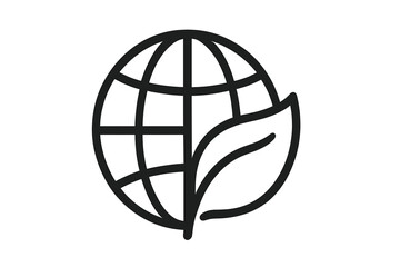 Eco friendly globe icon with leaf symbol, environmental protection concept, green energy, sustainable earth design, nature conservation, vector outline illustration for web, apps, adverts, cards