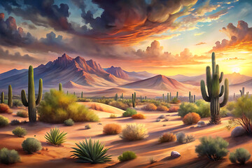 Desert landscape painting at sunset featuring cacti, mountains, and colorful clouds, capturing the serene beauty and vastness of the arid environment at twilight