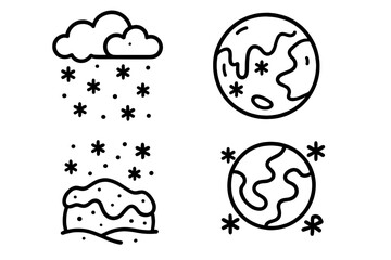 Vector line art illustration of frozen house covered in snow with winter weather elements, snowflakes falling, cold climate concept, cartoon style, transparent background, winter scene icons