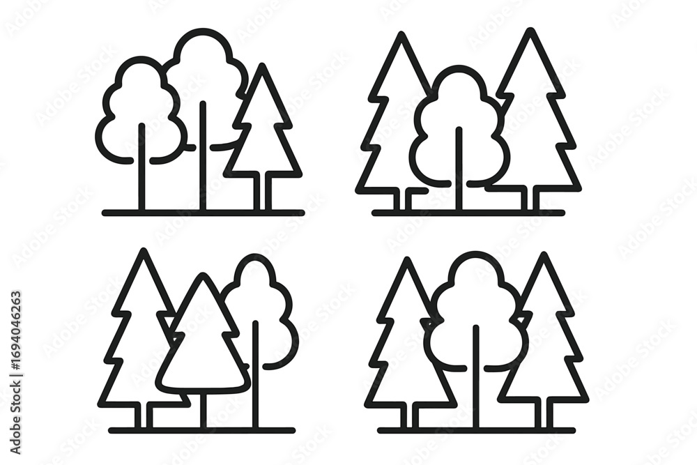 Poster minimalist forest tree icons set with pine and deciduous trees, isolated thin line vector illustrati