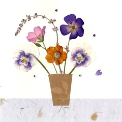 A display of pressed summer flowers on a white background.