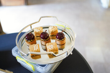 Assorted elegant desserts with glossy purple glaze and square pastries on mirrored tray.
