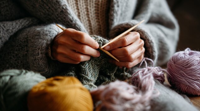 Knitters create beautiful patterns with colorful yarn during a cozy indoor session in a warmly lit room