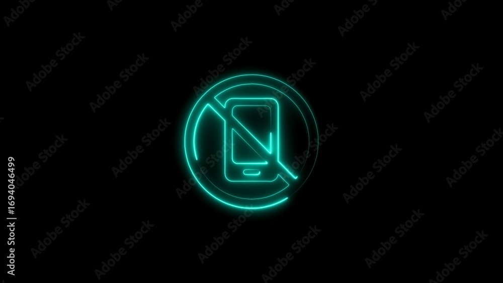 Poster neon illuminated mobile phone prohibited symbol on black background signifying restrictions and warn