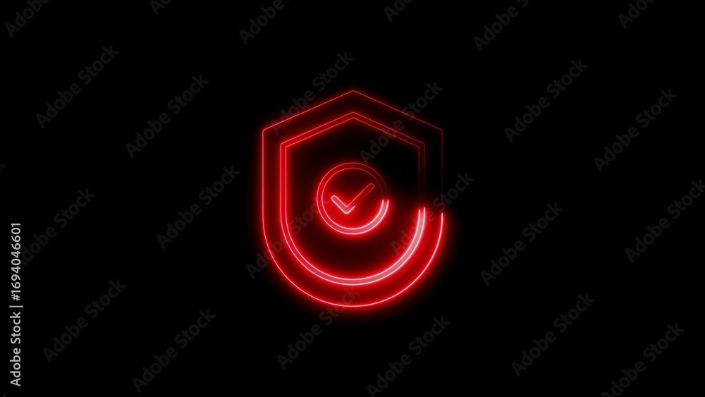 Poster glowing red neon shield with check mark symbolizing protection and security