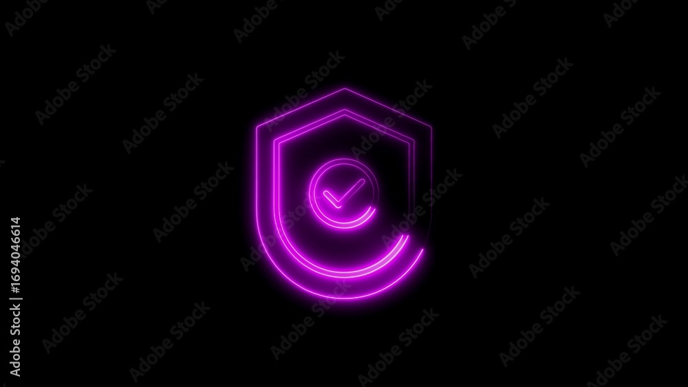 Poster illuminated neon shield with check mark symbolizing security and protection on black background