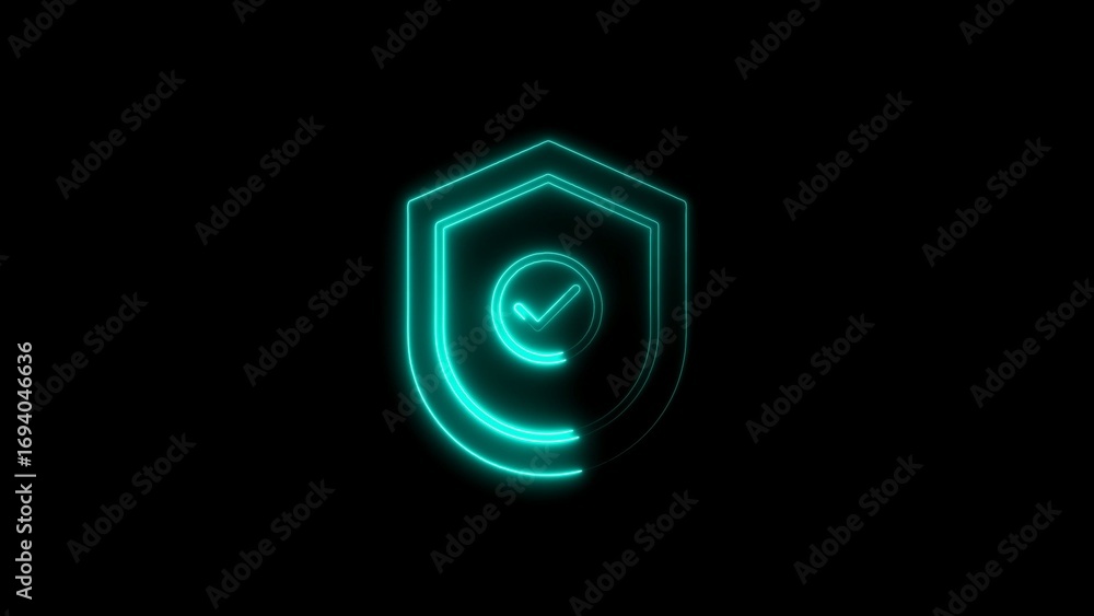 Poster glowing neon shield icon with checkmark signifying security and protection
