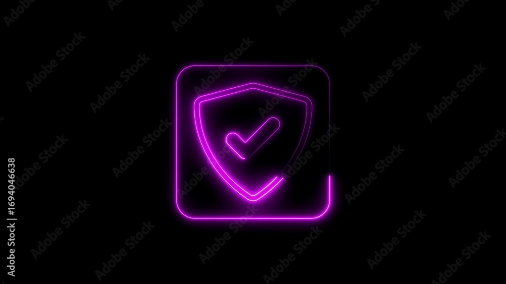 Poster glowing neon shield with check mark on black background represents secure approval verification