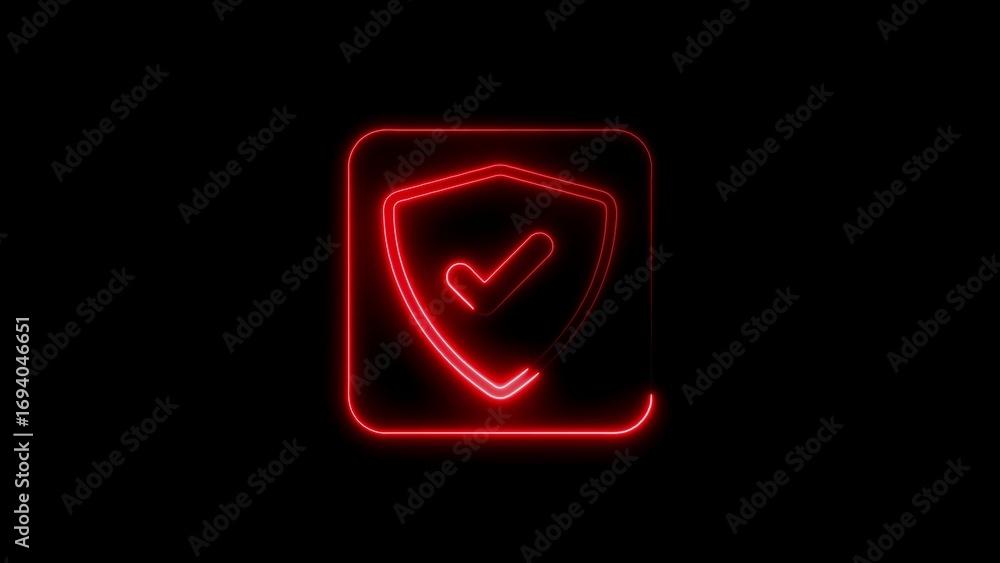 Poster neon style red security shield icon with checkmark on black background