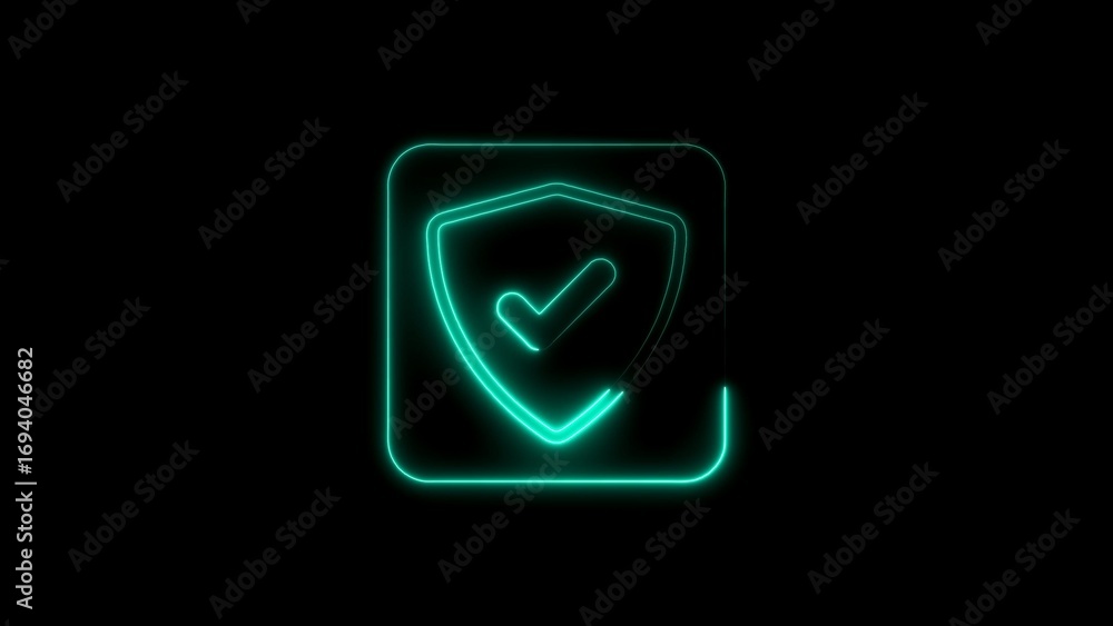 Poster glowing neon shield icon with checkmark indicating safety and security verification