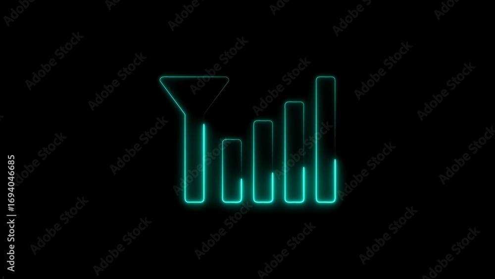 Poster neon illustration of data filter and charts displaying data analysis information on black background
