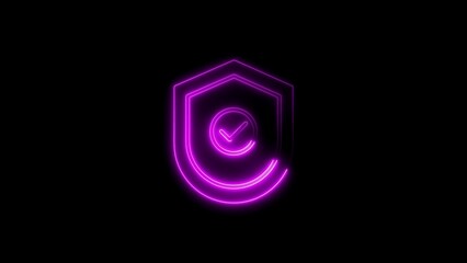 Illuminated neon shield with check mark symbolizing security and protection on black background