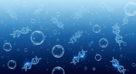Blue gradient background with floating double helix structures translucent bubbles and small luminous particles