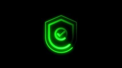 Glowing neon shield icon symbolizing security and protection on a solid black background