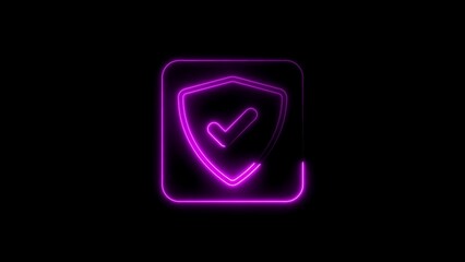 Glowing neon shield with check mark on black background represents secure approval verification