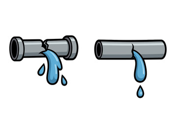 Minimalistic vector illustration of broken water pipe with leak, plumbing damage concept, leaking pipe icon for apps, graphics, and environmental water loss design
