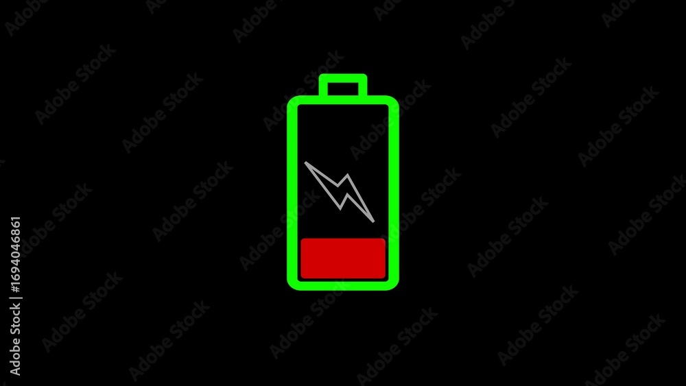 Poster low battery icon with a bolt showing near empty symbol on a black background