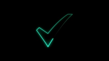 Glowing green neon checkmark sign on black backdrop illustrating approval and success © M.S