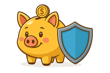 Cute money piggy bank with dollar coin and protective shield, financial security concept, cartoon savings illustration for interface, advertising, cards, transparent background