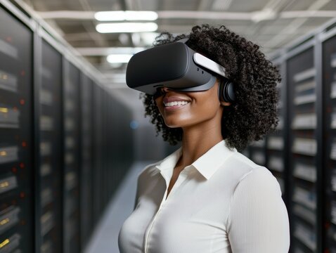 Happy African American woman wearing virtual reality headset indoors