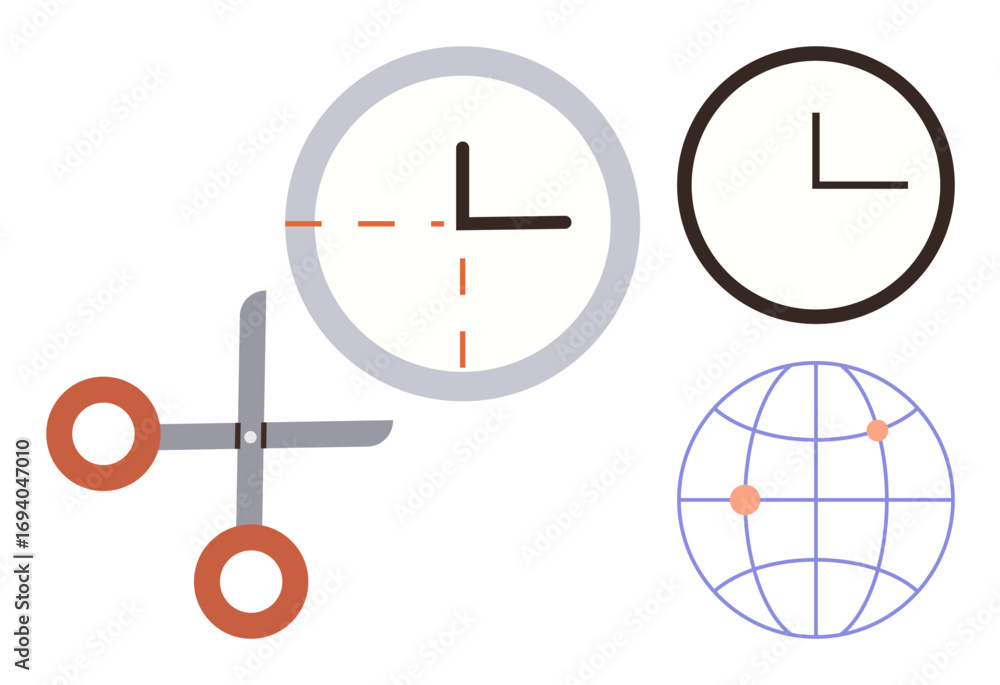 Aufkleber scissors cutting through clock outlining time management. globe with points indicating global connec