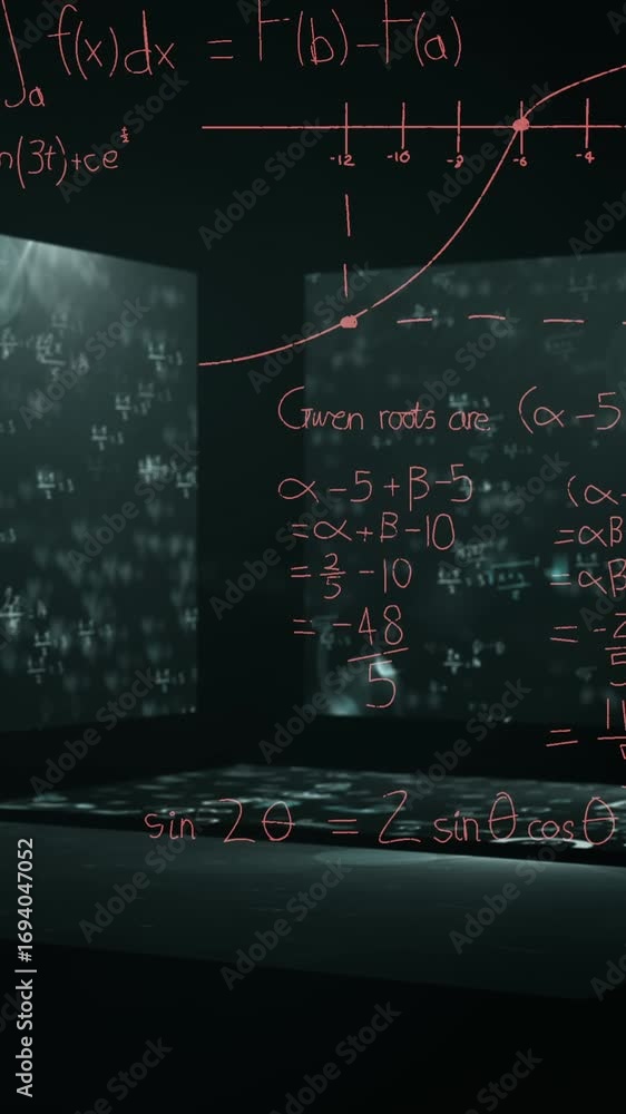 Poster animation of data processing and mathematical equations over screens