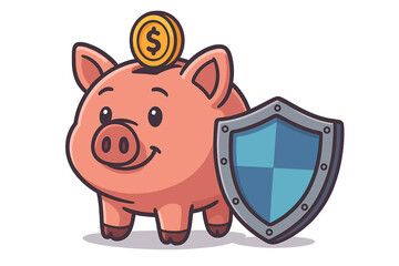 Cartoon piggy bank with a golden coin and protective shield, financial security concept illustration for savings, money protection, investment safety, insurance, and wealth management