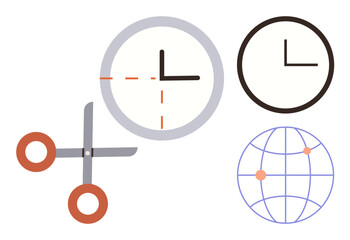 Scissors cutting through clock outlining time management. Globe with points indicating global connectivity. Ideal for productivity, efficiency, planning, deadlines, teamwork, scheduling, and resource
