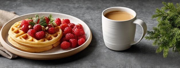 Freshly made waffles with raspberries served alongside a cup of coffee on a dark stone table in a cozy cafe setting